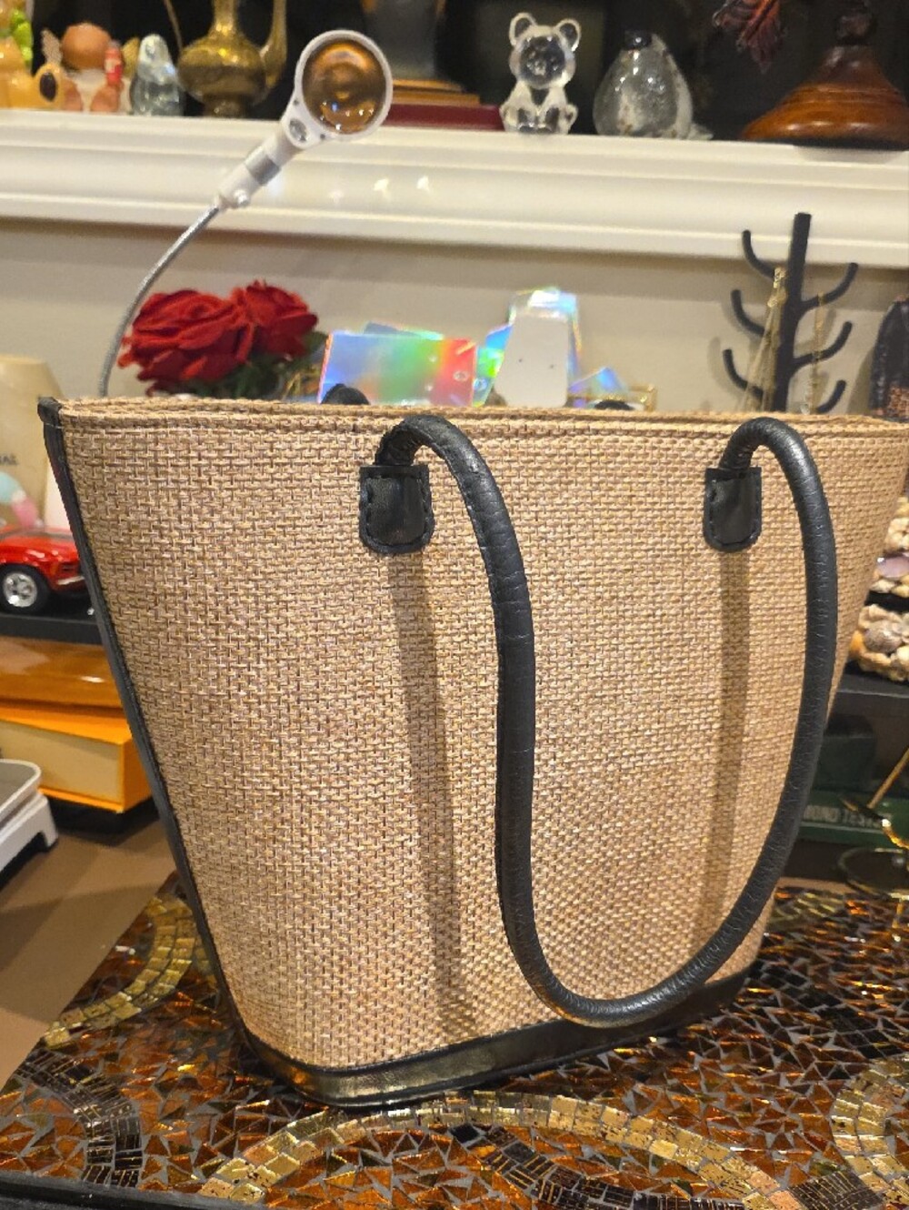 Woven Straw Tote Bag with Beaded Sunburst Accent in Natural and Black - Picture 3 of 7